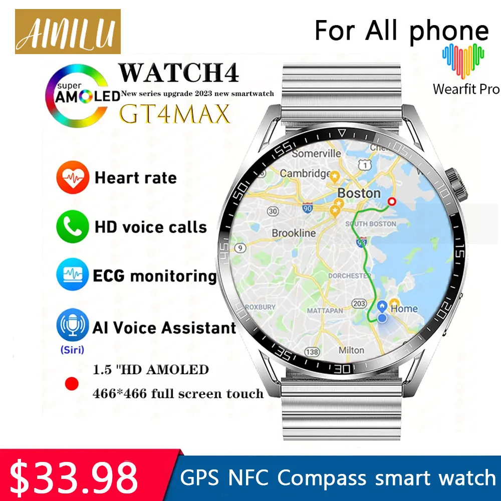 2023 Naujas GT4 MAX smart žiūrėti NFC Balso Asistentas 1,5 colių HD ekranas, Širdies ritmas, Kraujo spaudimas GPS IP68 vandeniui žiūrėti vyrams