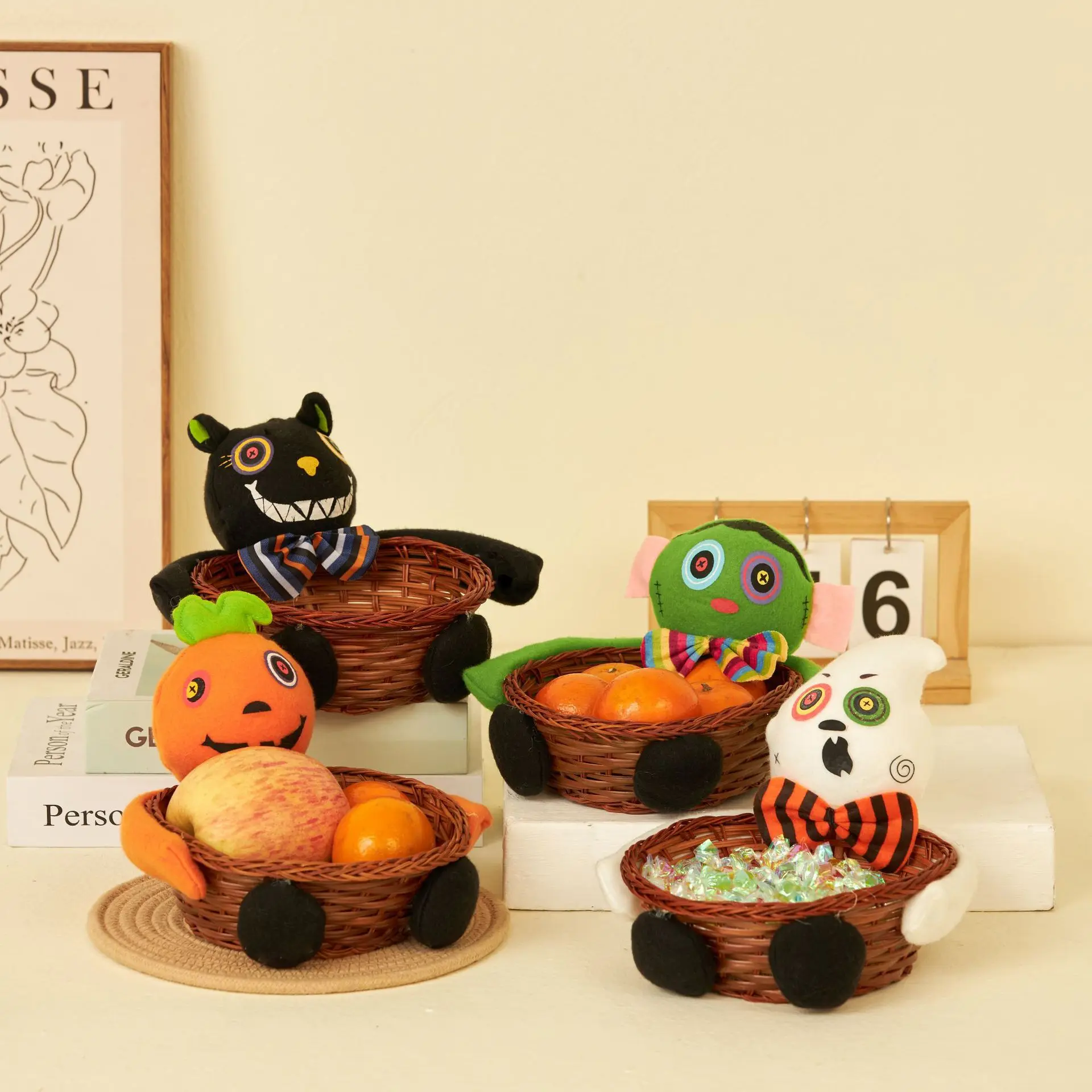 Velykų Saldainių Krepšelį Rotango Paveikslas Dovana Juoda Katė, Moliūgų Vaiduoklių Apkabinti Halloween Party Stalo Specialybės Plokštės