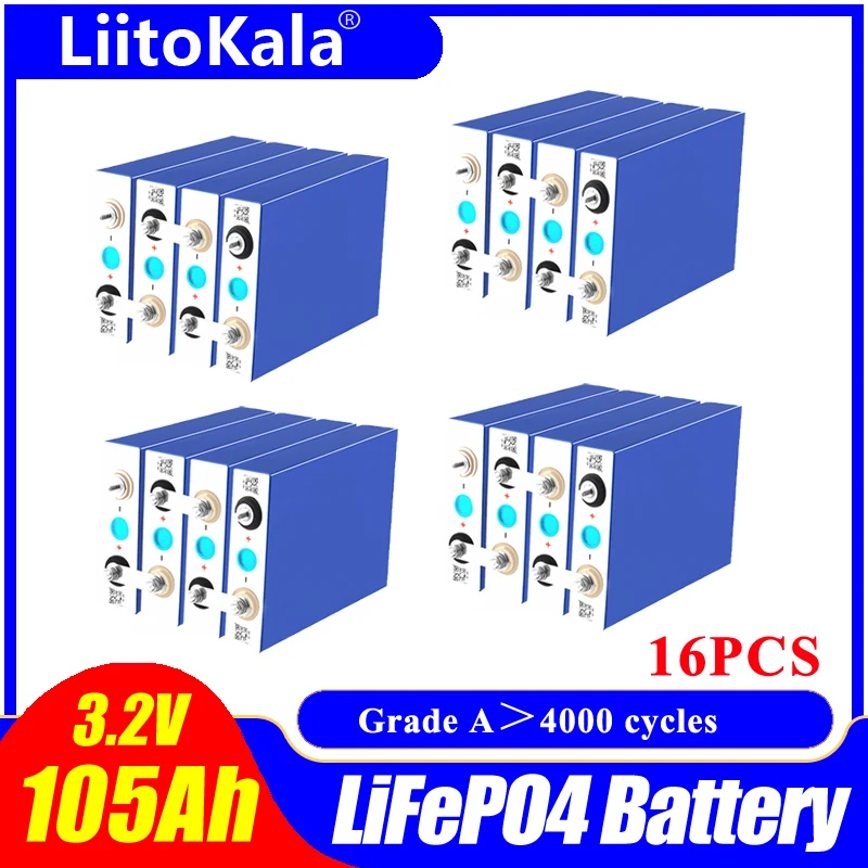 16pcs LiitoKala didelės talpos Gilaus ciklo Lifepo4 3.2 V 105Ah Baterija 12v 24v 48V Li-ion Baterija Įkraunama Baterija