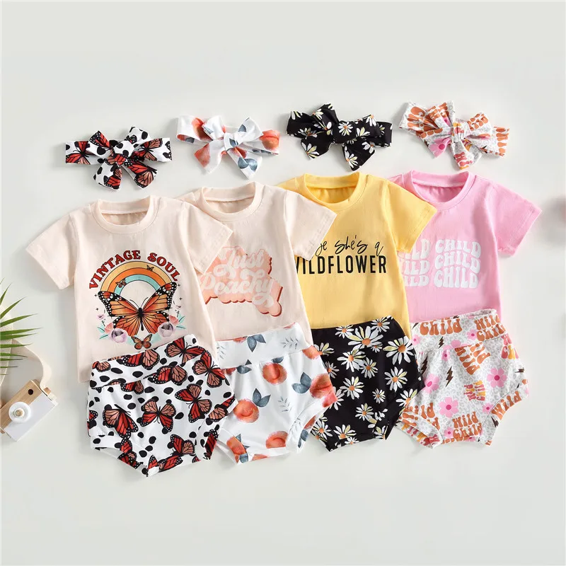 0-24months Baby Girl 3pcs Drabužių Rinkiniai Laišką, Print T-Shirts Gėlių Drugelis Peach Spausdinimo Šortai Lankelis Kūdikių Mergaičių 3pcs Rinkinys
