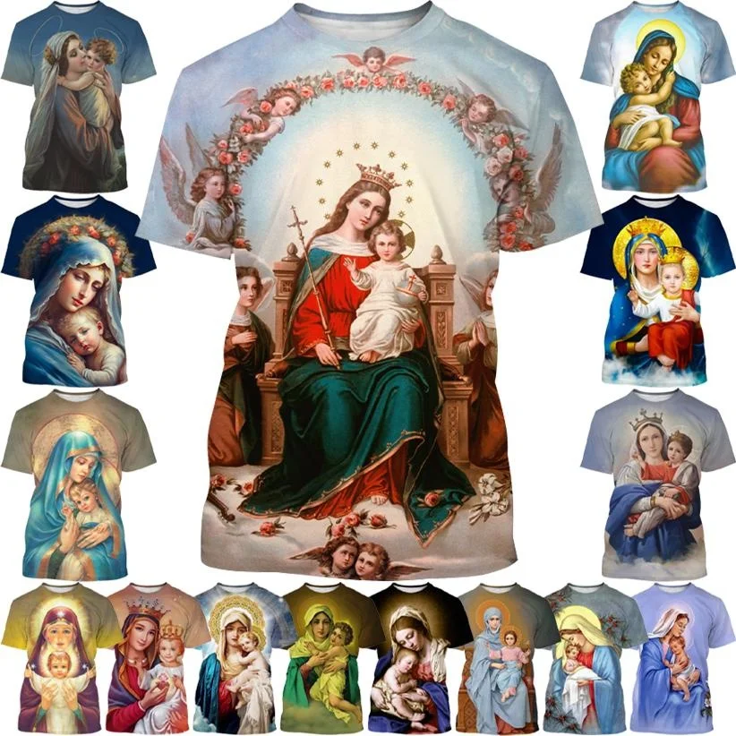 Vasaros Religinių Įsitikinimų Mergelės Marijos 3D Atspausdintas T-shirt Atsitiktinis Eros Myli Pasaulį Krikščionybės Dievo Motina Šventoji Harajuku Viršūnės