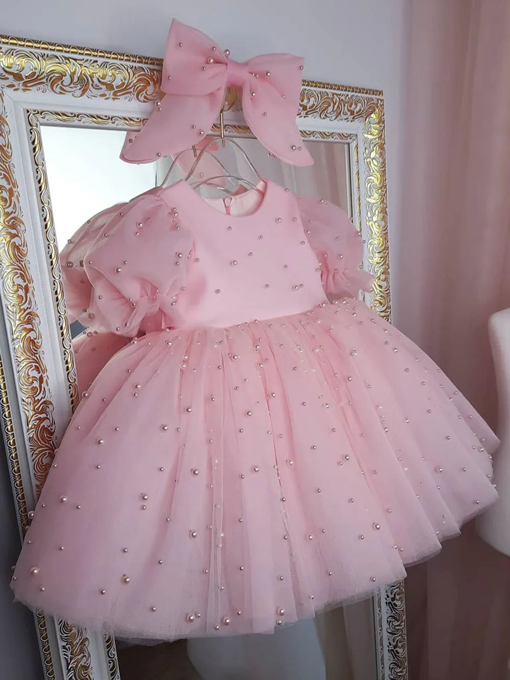 Reljefiniai Pink Gėlių Mergaitės Suknelė Pearl Rankovėmis Princesė Dress Mergaitė Brithday Šalis Suknelė Mergina Dress Baby Girl Dress Frist ostijos