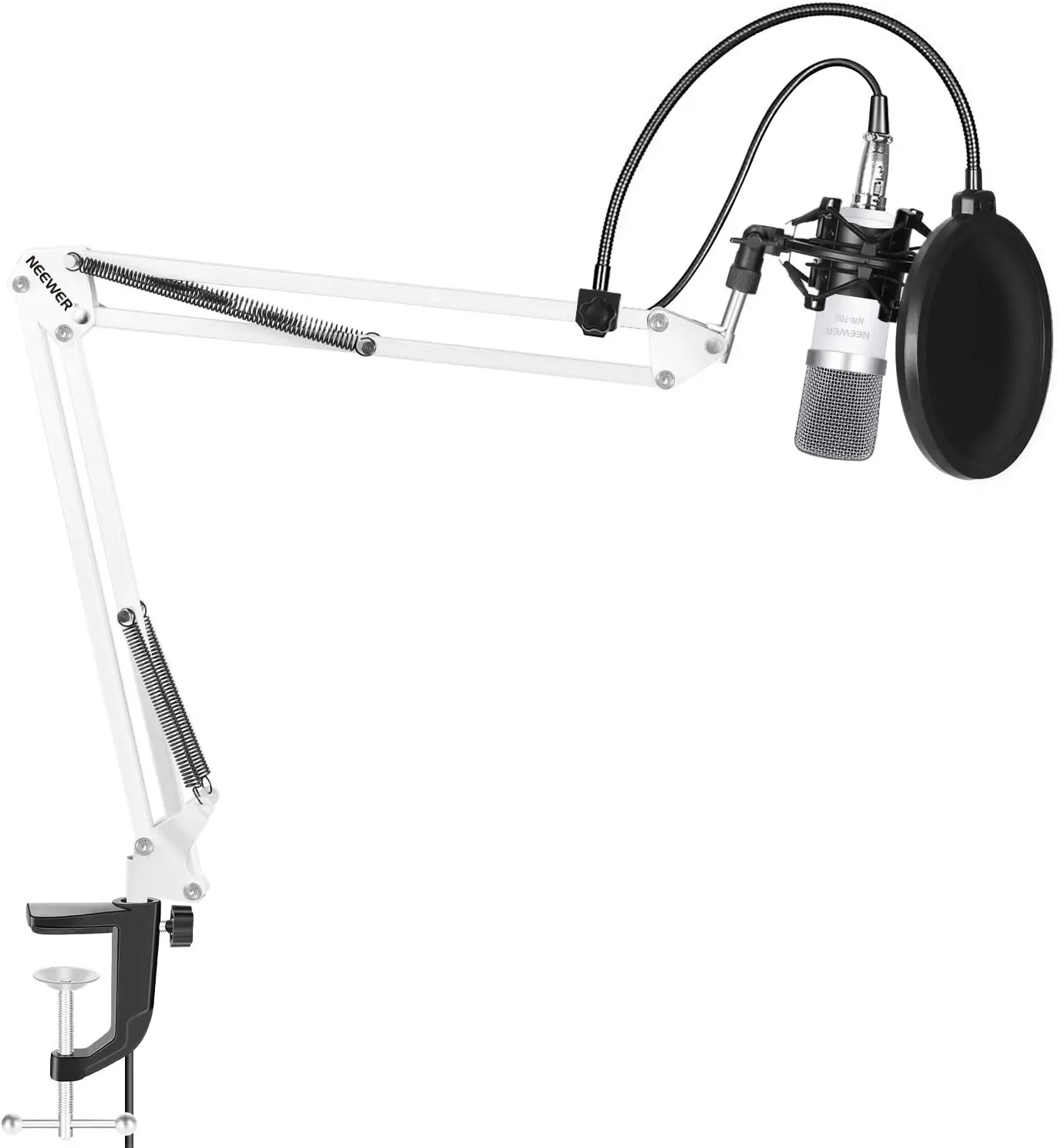 Neewer NW-700 mikrofonas komplektą įeina:1x Kondensatoriaus Mikrofonas, 1x Mikrofono Pakabos Bumas Žirkliniai Svirtimi