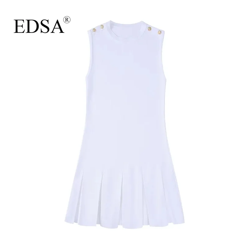 EDSA Moterų Mados Baltos spalvos Trikotažo Mini Suknelė su Aukso Mygtukai trumpomis Rankovėmis, apvalia Iškirpte, Plisuotos Hem Atsitiktinis Merginos Streetwear