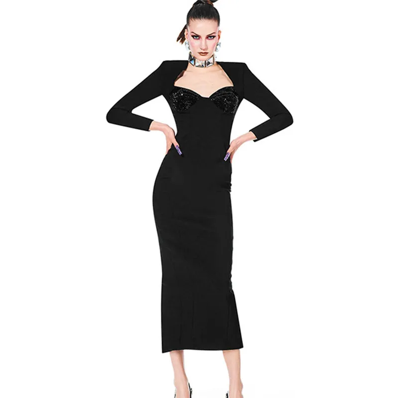 Iki 2023 M. Rudens Žiemos Midi Tvarstis Elegantiška Suknelė Ilgomis Rankovėmis Deimantų Lieknas Moteris, Vestidos Juoda Vakare Šalies Clubwear Drabužiai