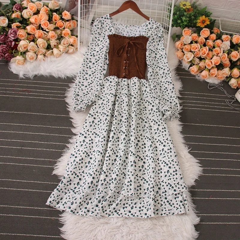 Moterų Suknelė 2023 naują Pavasario Rudens Derliaus Gėlių Spausdinti Gotikos Tvarstis ilgomis Rankovėmis Marškinėliai Suknelė Elegantiškas korėjiečių Šalis Vestidon
