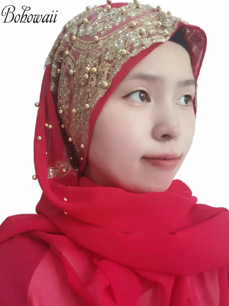 BOHOWAII Hijabs Šalikas su Blizgučiai Duobute Šifono Hijab Šalikai Hoofddoek Galvos Wrap Moterų Foulard Femme Musulman Kopftuch