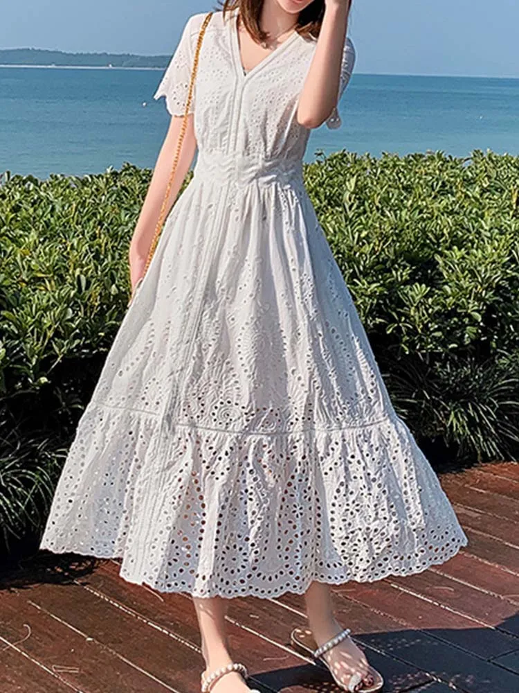 Elegantiška Baltos spalvos Suknelė Moterims Vasaros Ilga Suknelė Ponios Siuvinėjimo Tuščiaviduriai Iš trumpomis Rankovėmis V-kaklo, Atostogų Paplūdimyje Maxi Vestido