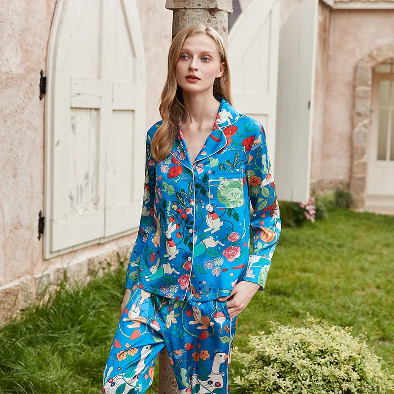Mėlyna Apačioje Morkų Triušis Pižama Nustatyti Moterų Pavasarį ir Rudenį Ilgas Rankovėmis Ledo Šilko Sleepwear