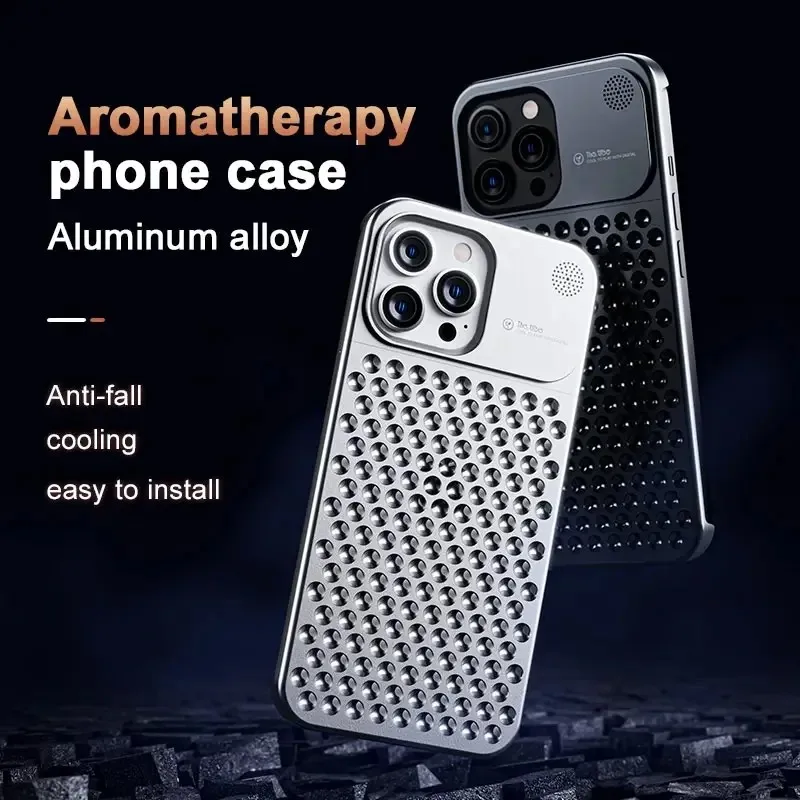 Aliumininiai Telefono dėklas atsparus smūgiams Aromaterapija Metalo Telefono dėklas Su Aušinimo Angomis iPhone 12 13 14 Pro Max Plus