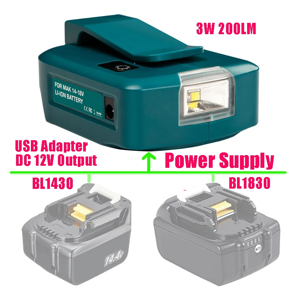 Adapteris LED Šviesos Darbo Lempa USB Mobiliojo Telefono Įkroviklis DC 12V Išėjimo naudoti Makita 14,4 V 18V Li-ion Baterijos BL1430 BL1830