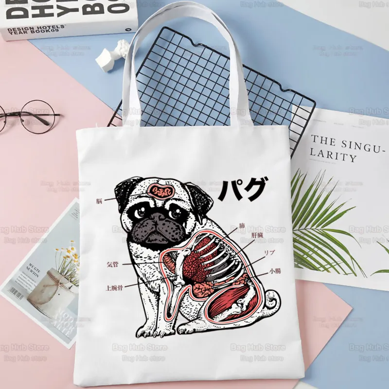 Pug Anatomija Pirkinių Krepšys Shopper Eco Medvilnės Drobės Shopper Mielas Animacinių Filmų Šuo Pet Bolsas De Tela Shoping Bag Daugkartinio Naudojimo Sacolas