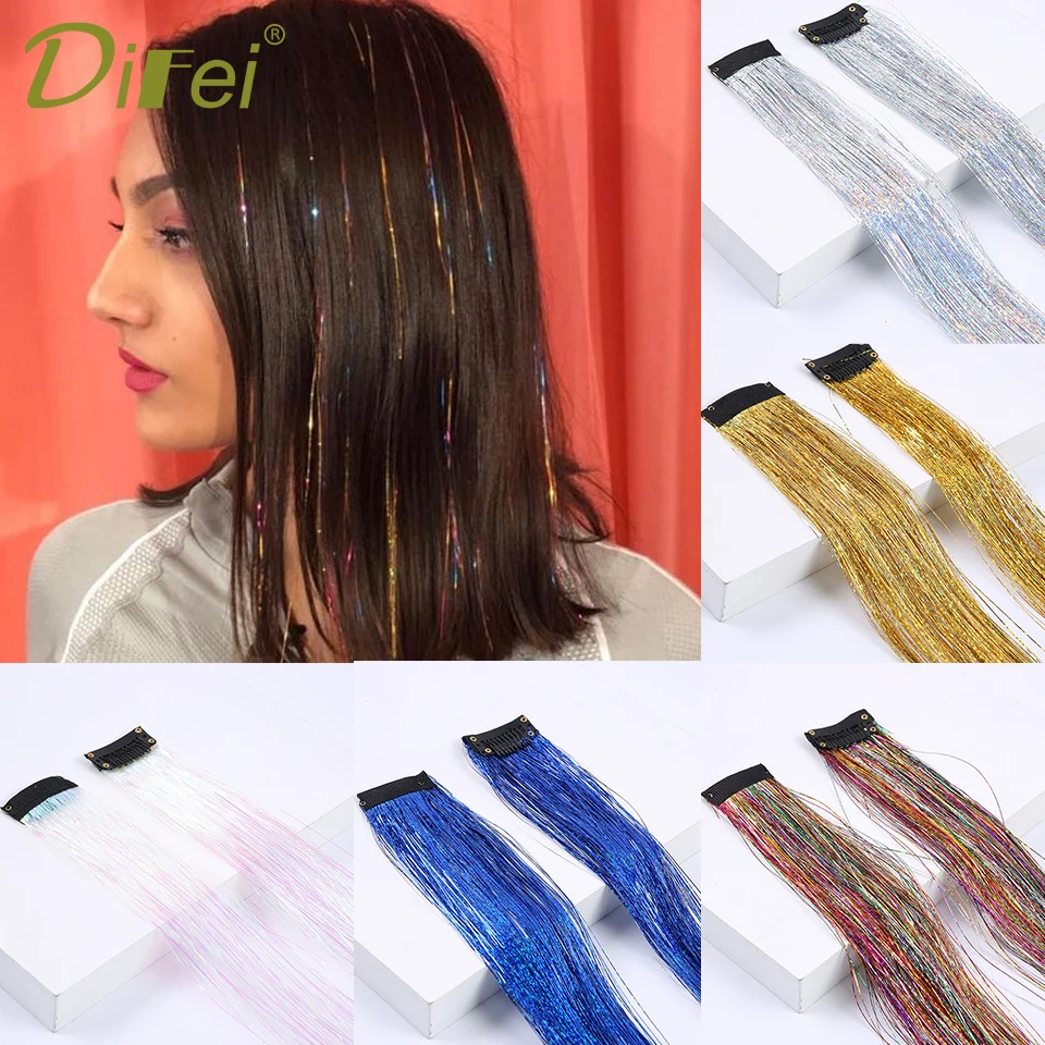 DIFEI Įrašą Blizgučiai Ilgi Tiesūs Hairpiece Sintetiniai siūlai Blizga Pratęsimo sriegis metalinės vielos plaukų pratęsimo
