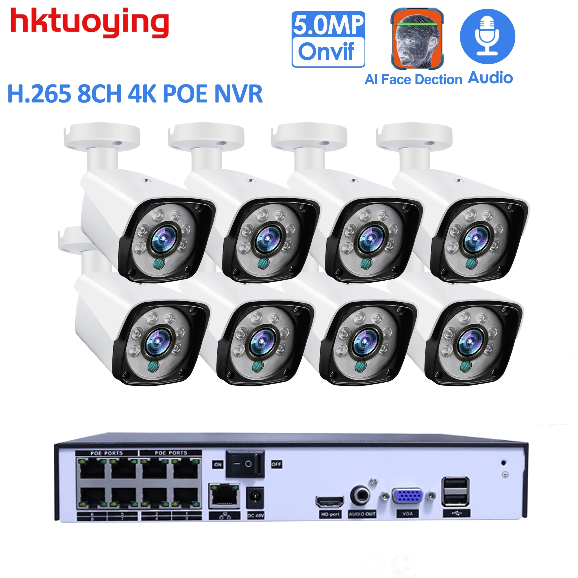 H. 265+8CH 5MP POE Saugumo NVR Sistema, Rinkinys Audio Recorder Rj45 IP Kamera Lauko Vandeniui CCTV Vaizdo įrašų Veido Aptikimas