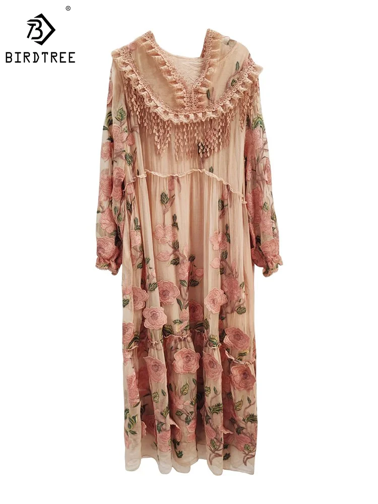 Birdtree 100%Nekilnojamojo Šilko Gobtuvu Moterų Suknelės Kutas 3D Gėlių Siuvinėjimas Elegantiškas Ilgas Lady Suknelė 