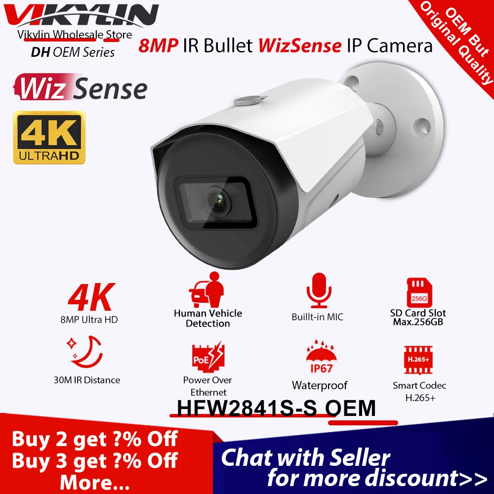 Vikylin Smart 4K 8MP Saugumo Kameros su PoE Už Dahua HFW2841S OEM su Žmonių/Automobilių Aptikimo MIC, SD Lizdą, Vandeniui IP67 Bullet Cam
