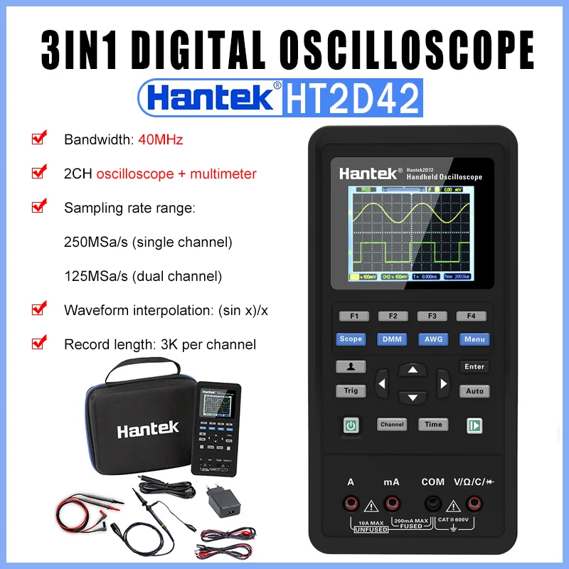 Hantek Skaitmeninis Oscilloscope 2C42/2D42 3-In-1 Signalo Generatorius + Multimetras Nešiojamų + USB Oscilloscope 2-Kanalų 40mhz