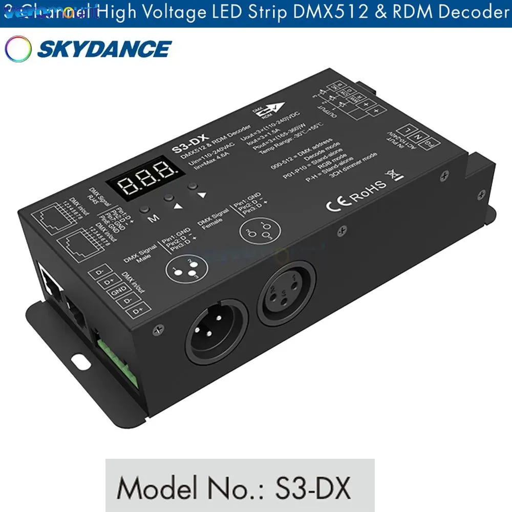Skydance S3-DX 3 Kanalo Aukšta Įtampa 110V, 220V AC LED Juostelės DMX Dekoderis su RF 3CH RDM Valdytojas XLR3 RJ45 KS RGB Juosteles